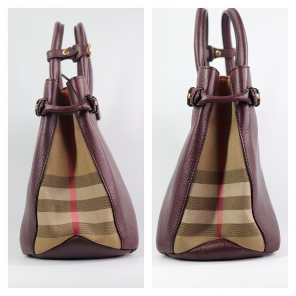 BURBERRY Grainy Calfskin House Check Medium Banner Tote Mahogany Red - Picture 4 of 16